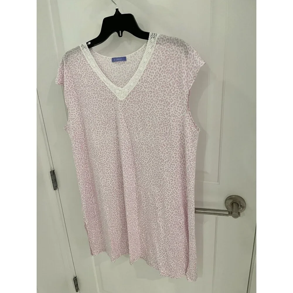NWOT P.Jamas Light Baby Pink Lepoard Animal Print Nightgown Pima Cotton XL - Picture 2 of 6